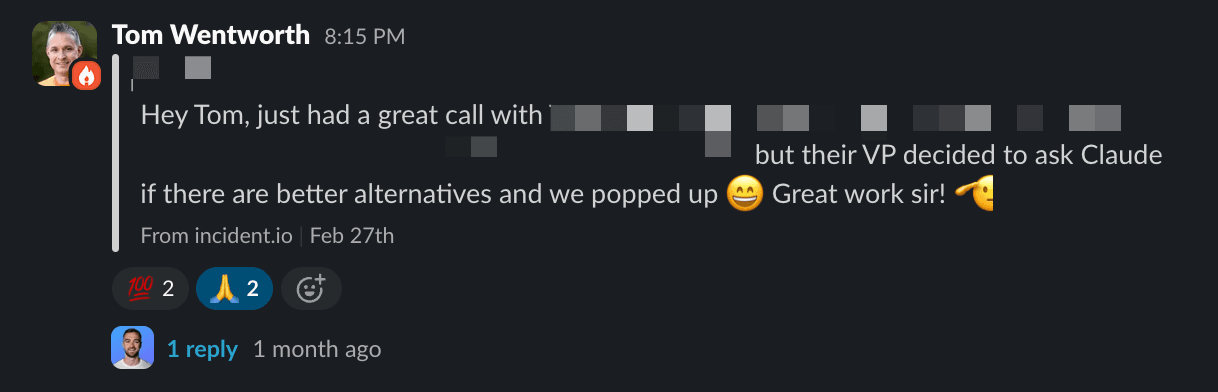 Slack message showing a VP discovered incident.io through Claude AI